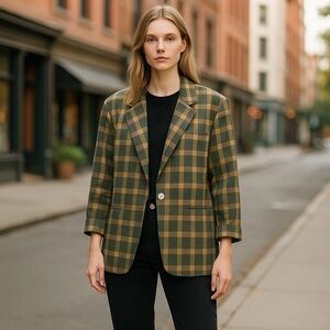 ADOLFO INTERNATIONAL  Vintage Women Med Oversized Blazer Linen Blend Green Brown